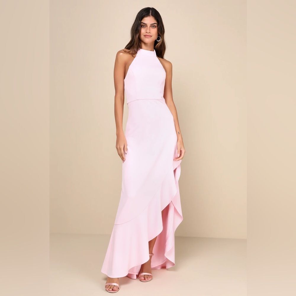 Lulus Majestic Perfection Light Pink Ruffled Halter Maxi Dress